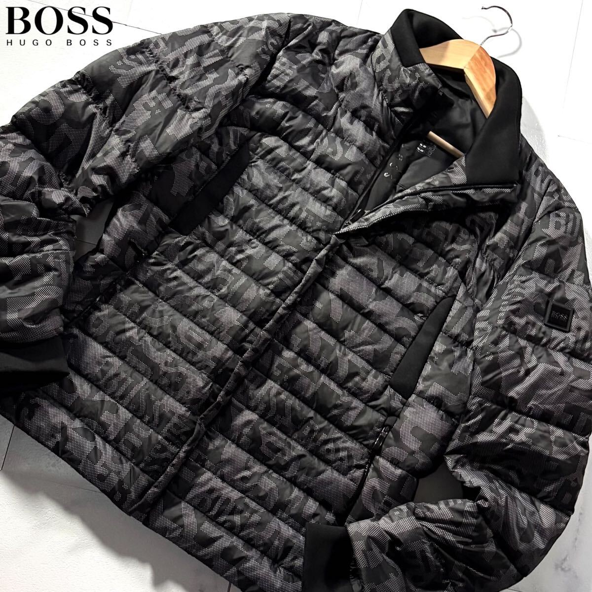 美品/Lサイズ●HUGO BOSS ヒューゴボス リアル ダウンジャケット アウター ブルゾン ロゴ総柄デザイン 肩ロゴ金具 大谷翔平 グレー系拍卖