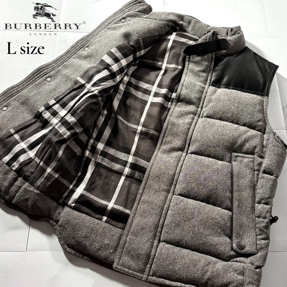 極美品/Lサイズ●BURBERRY LONDON バーバリーロンドン シルク混 ツイード風 牛革 レザー切替 リアル ダウンベスト ジャケット ノバチェック拍卖