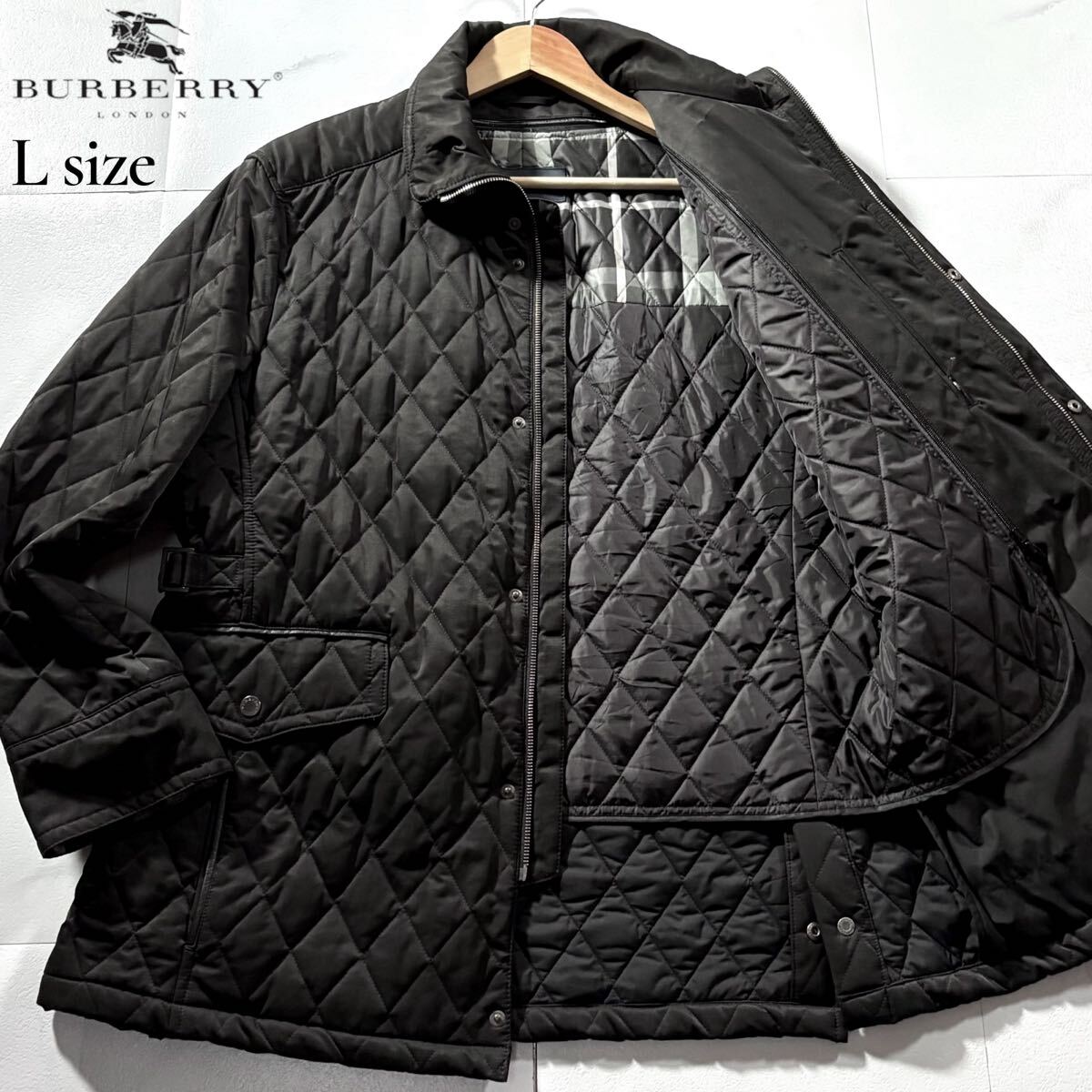 極美品/XLサイズ位●BURBERRY LONDON バーバリー ロンドン ライナー付 キルティングジャケット 中綿 コート 牛革 レザー縁 ノバチェック 黒拍卖
