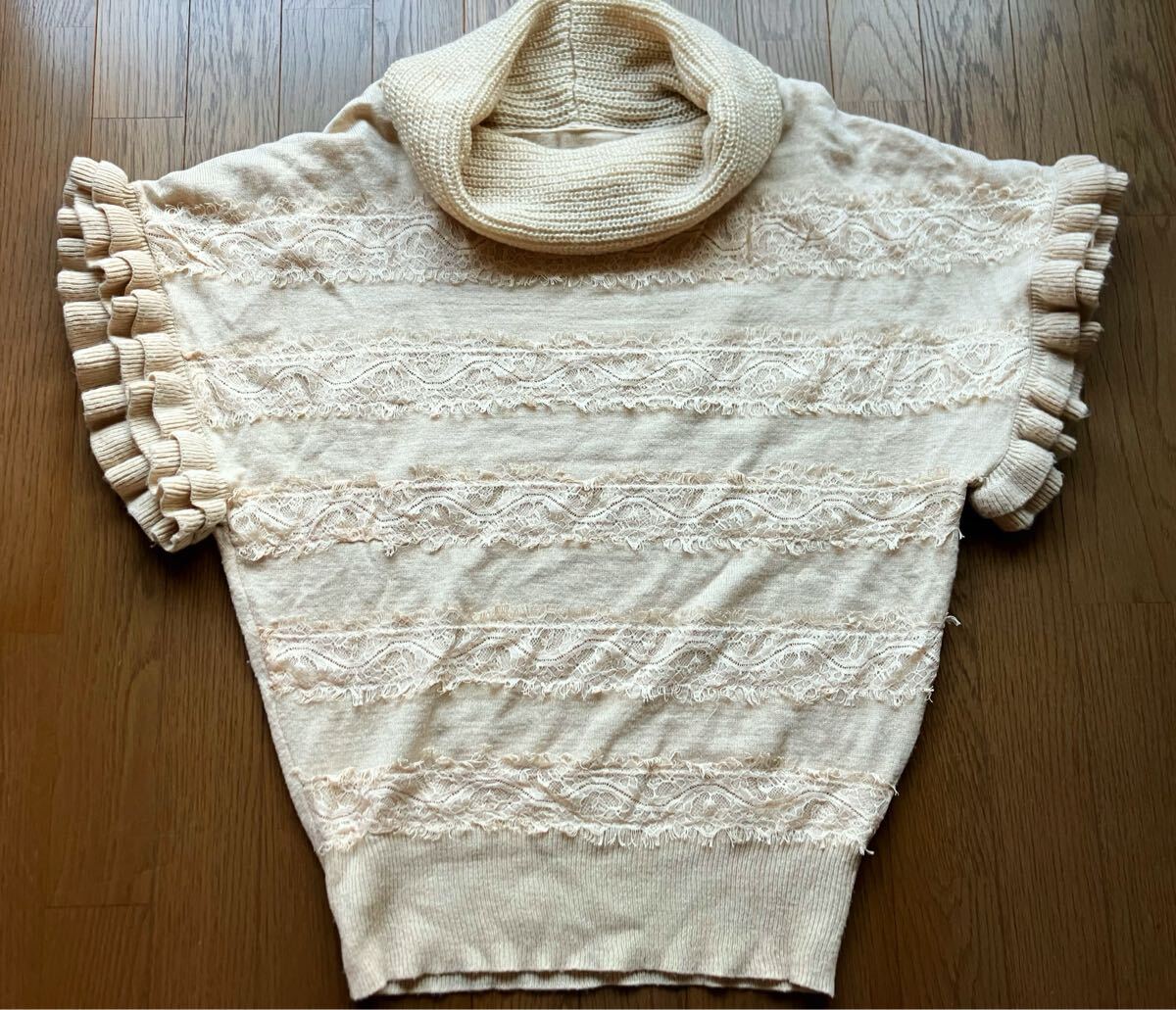 レディース半袖ニット☆フリル☆レース☆ハイネック☆重ね着 タートルネック オフホワイト拍卖