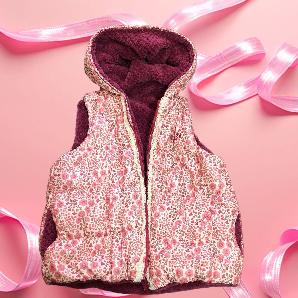 リバーシブル☆中綿ベスト☆130☆女の子☆ハッシュアッシュ☆ ジャケット アウトドア ピンク拍卖