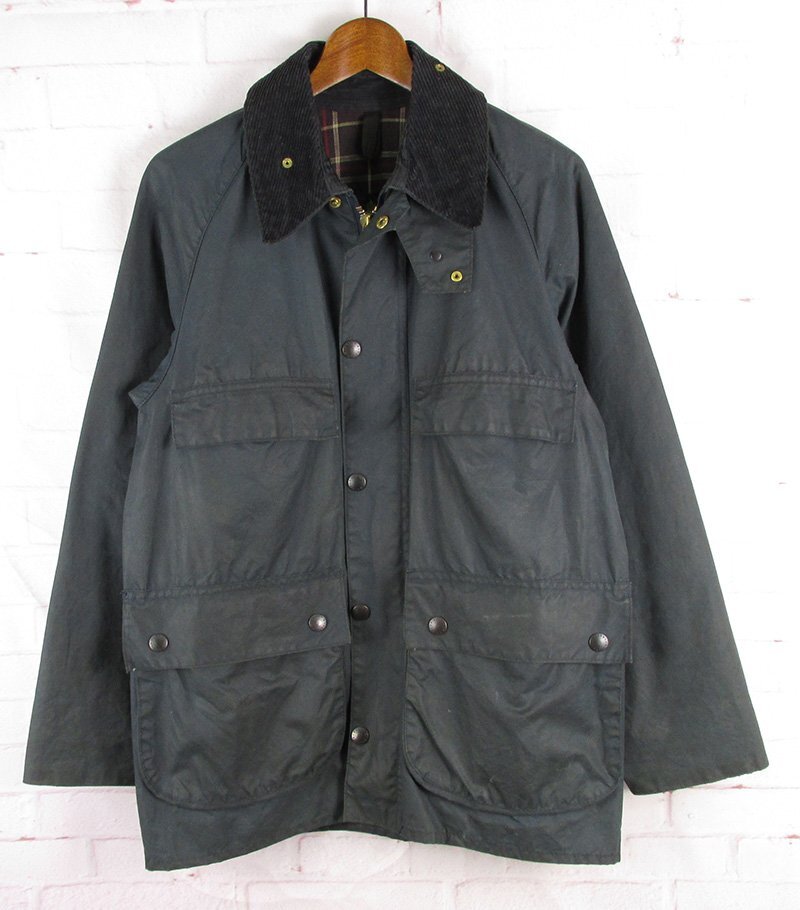 LFJ27690 ビンテージ Barbour バブアー 80s ビデイル オイルドジャケット 4ポケット 2ワラント イングランド製 85年製 ネイビー 91cm/36in拍卖