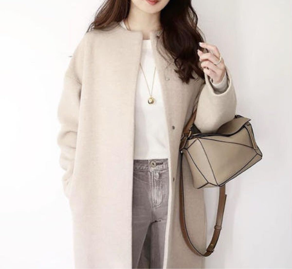 新品シンプル ミドル 丈 ラウンドネック ベルトレス韓国風コートアプリコット アウター拍卖