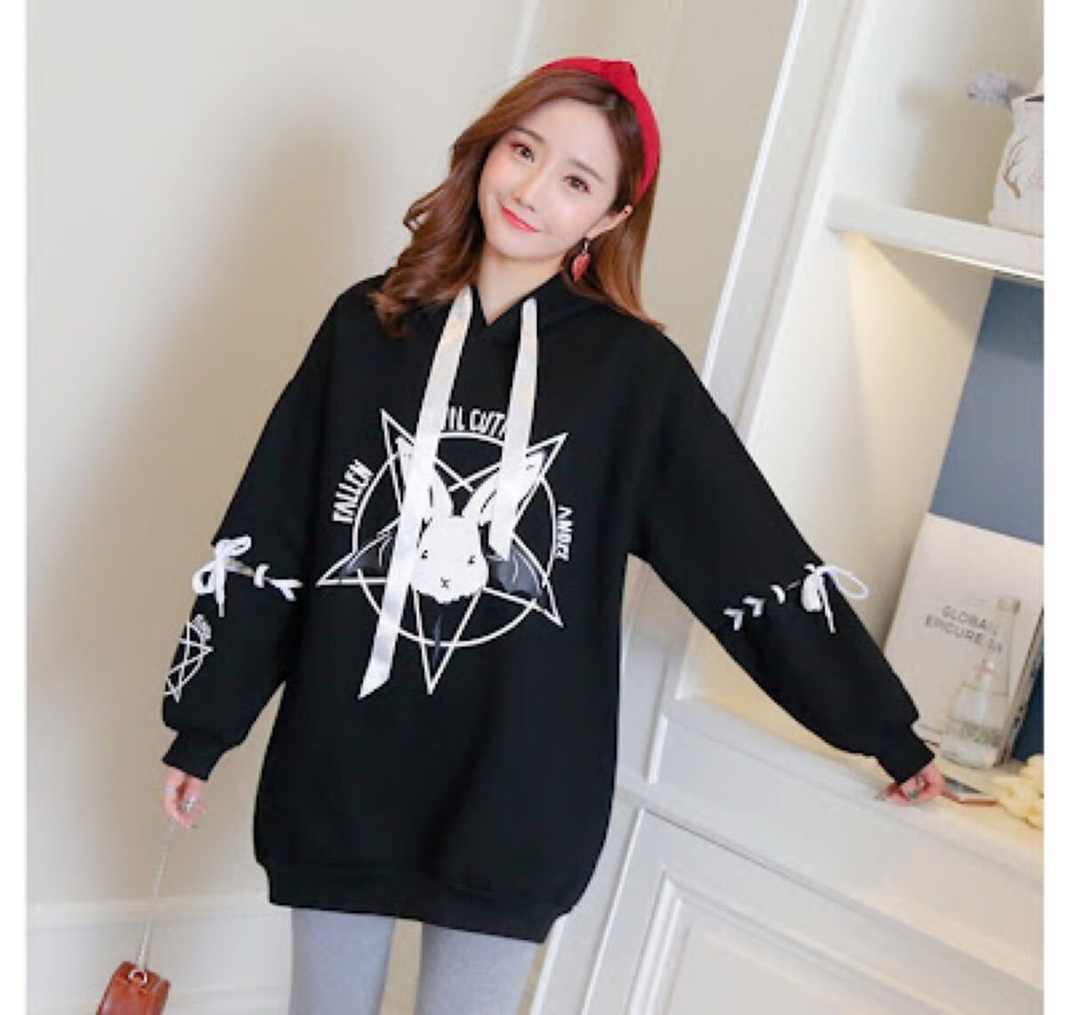 【新品】病みかわ うさぎ パーカー ビッグシルエット ワンピース ブラック パーカー ブラック ロング拍卖