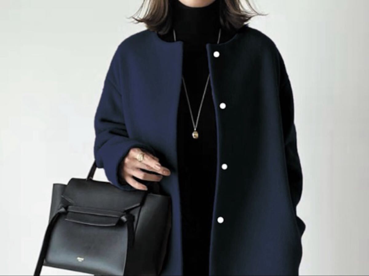 新品シンプル ミドル 丈 ラウンドネックベルトレス韓国風コート ダークブルー ノーカラージャケット ネイビー FREE アウター拍卖