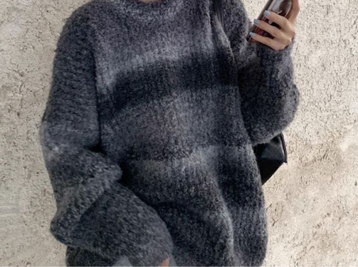 【新品】ニット ストリートカジュアル ライン模様シンプルもこもこブラック 長袖ニット ブラック拍卖