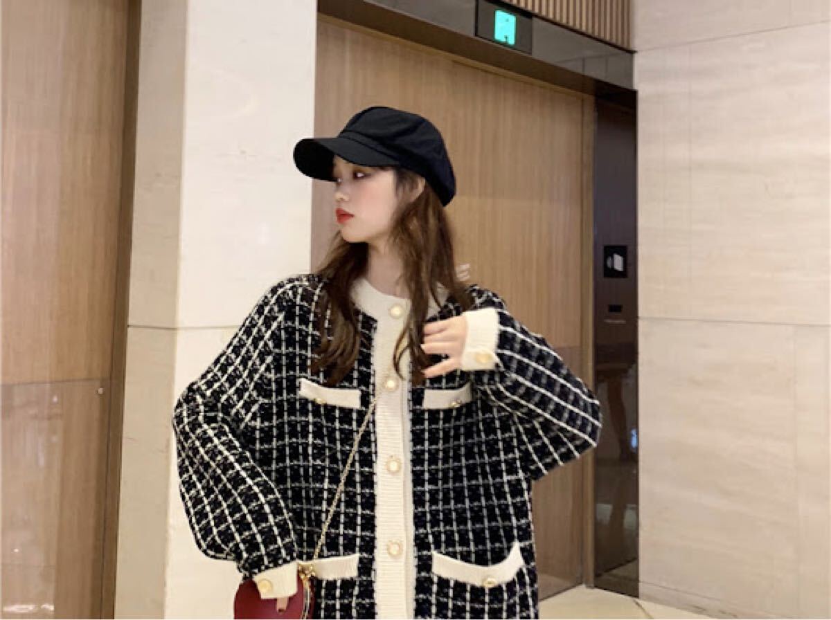 【新品傷なし】ツイード柄 ニットカーディガン ニット トップス ブラック ニットカーディガン ブラック ツイードジャケット拍卖