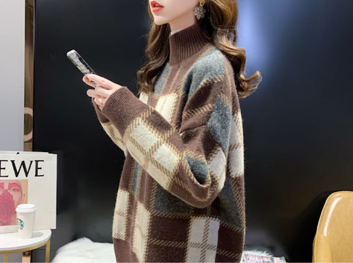 新品傷なしモックネック チェック ニットセータートップスハイネック ブラウン ニットセーター ニット 長袖拍卖