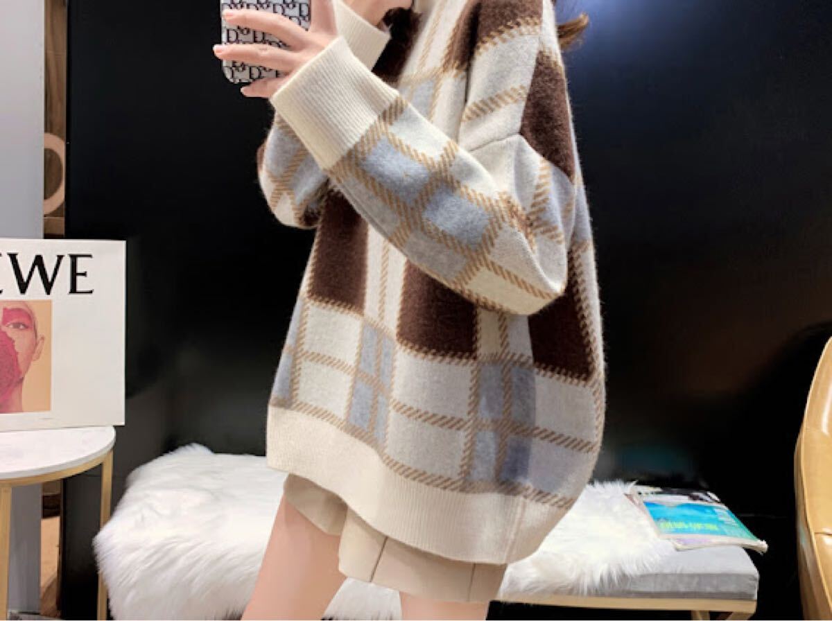 新品傷なしモックネック チェック ニットセーター トップスハイネック ホワイト ニットセーター トップス ニット セーター 長袖拍卖