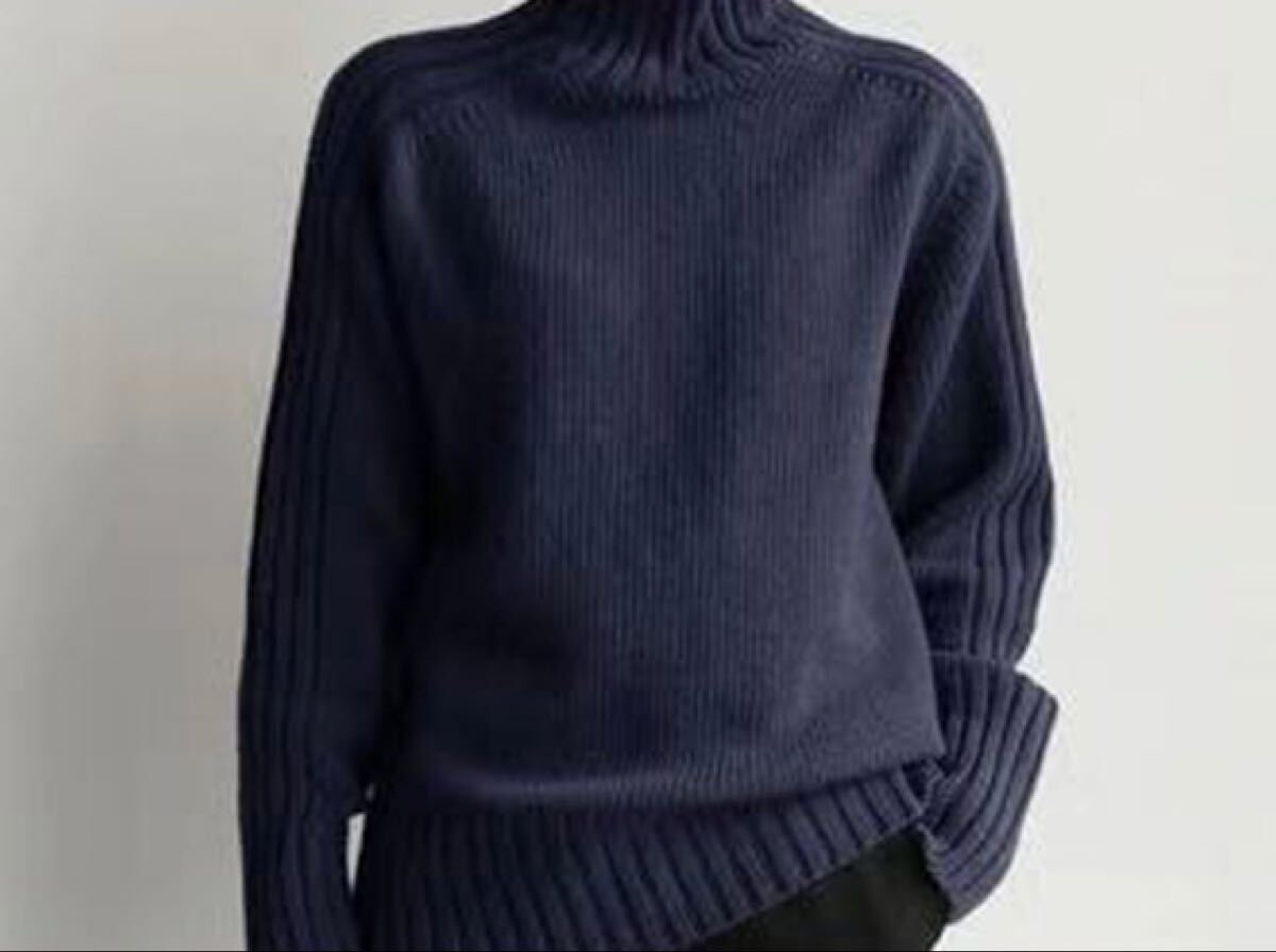 【新品傷なし】リブ編み 細見え効果 タートルネックニット セーター ネイビー セーター ニット タートルネック ハイネック 長袖拍卖