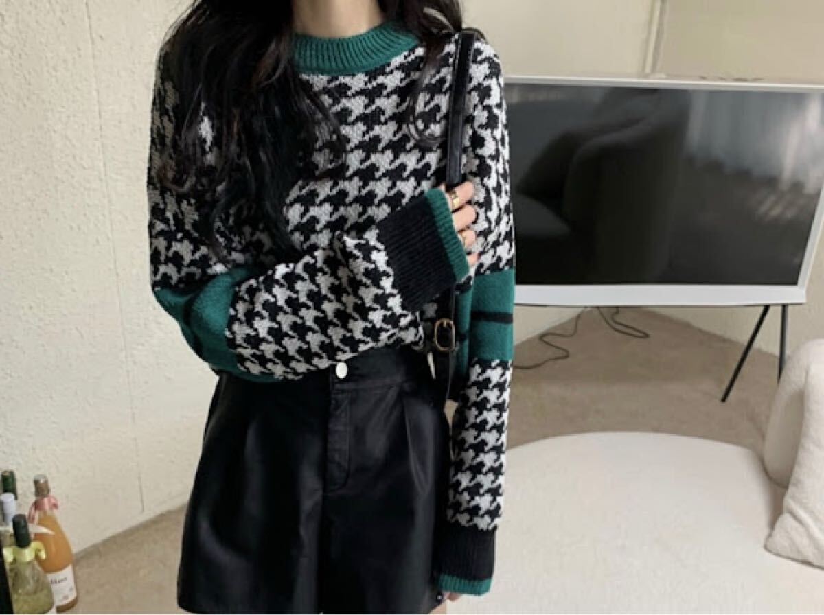 【新品傷なし】レトロ 千鳥チェック ニットセーター ブラック 長袖ニット ブラック 長袖拍卖