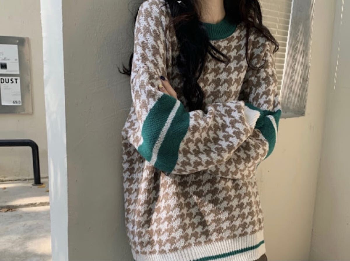 【新品傷なし】レトロ 千鳥チェック ニットセーター キャメル ゆったり拍卖