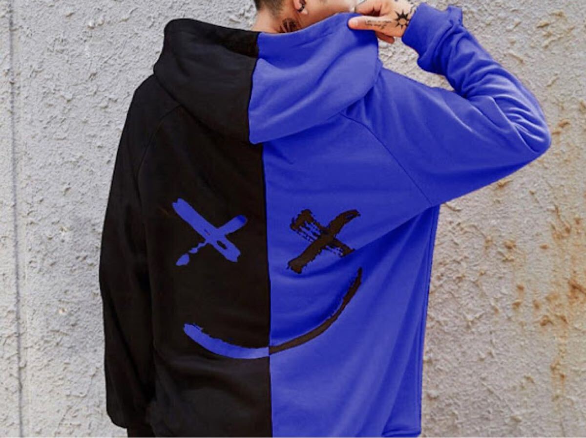 【新品】ビッグシルエット プルオーバー パーカー ブラック×ブルー パーカー 2XL拍卖