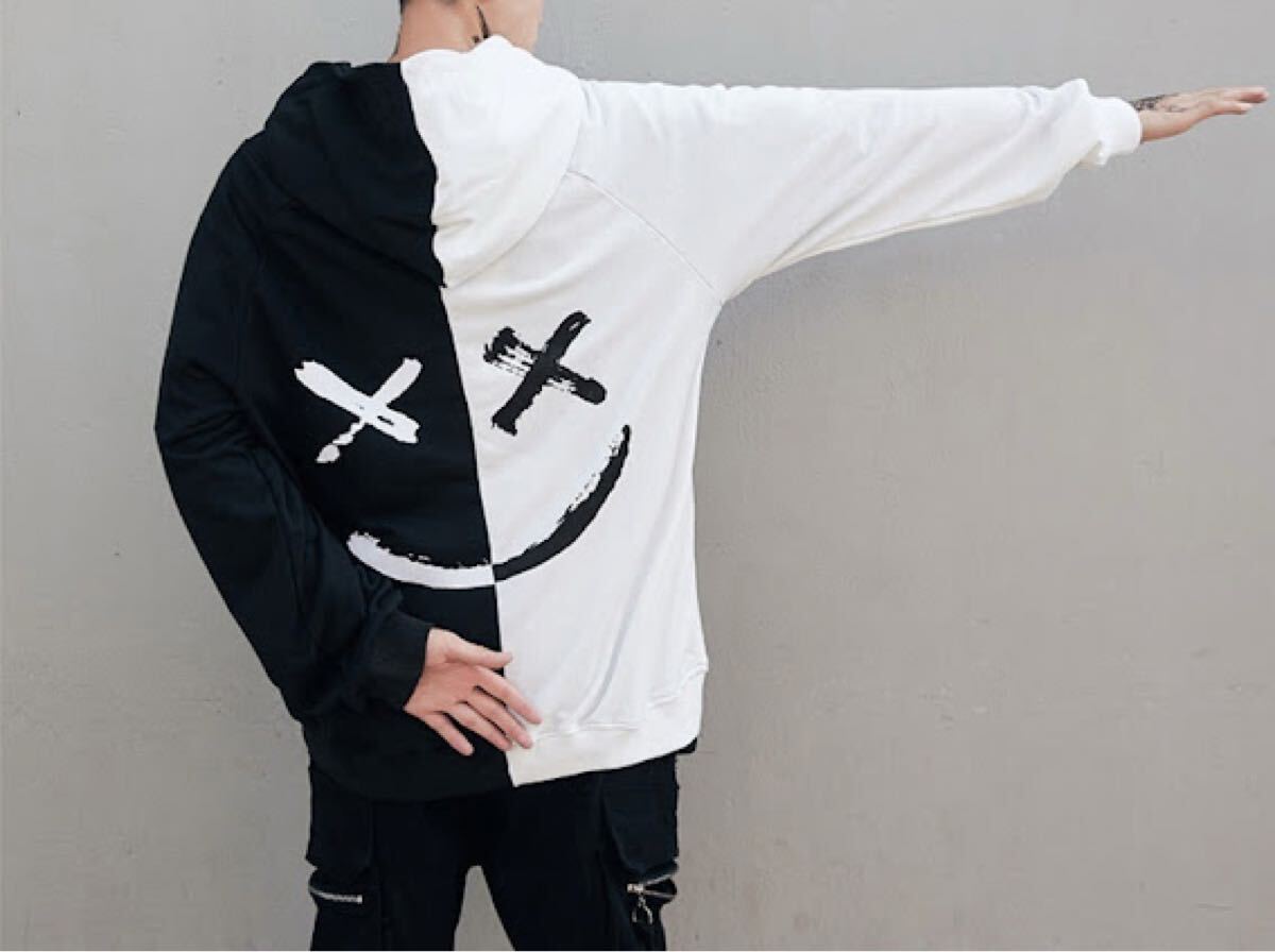 【新品】ビッグシルエット プルオーバー パーカー ブラック×ホワイト パーカー拍卖