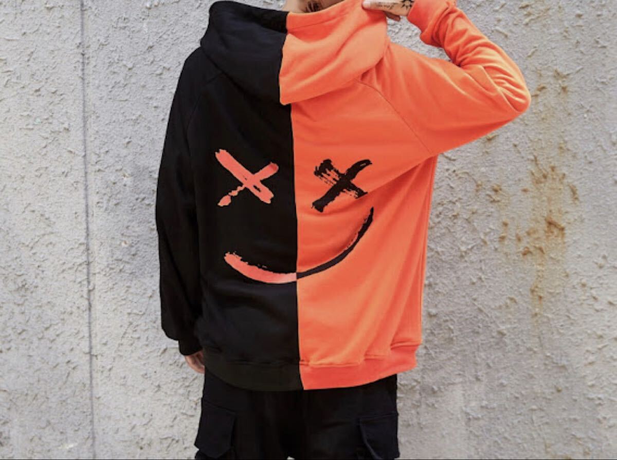 【新品】ビッグシルエット プルオーバー パーカー ブラック×オレンジ パーカー オレンジ スウェットパーカー拍卖