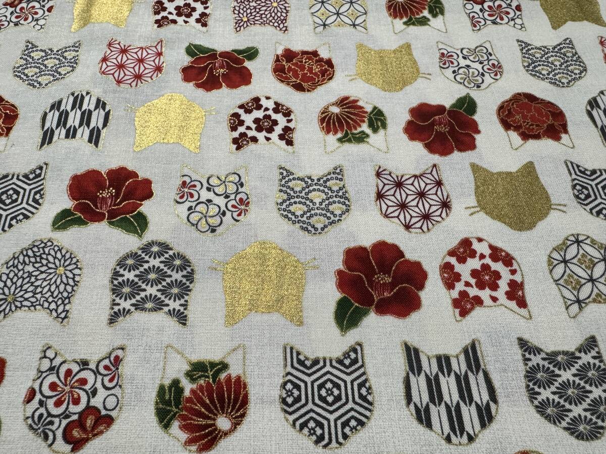 5m シーチング 110×500cm 綿100% キルトゲイト 金ラメ 猫 / 椿 和風 小紋 / 生地 はぎれ 和柄 WAGARA拍卖