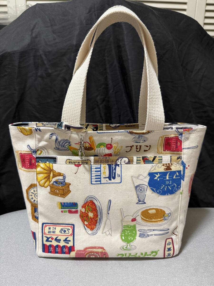 ハンドメイド 帆布&シーチング トートバッグ レトロ喫茶 マッチ柄 5ポケット / 昭和レトロ ねこ 喫茶店 ランチバッグ ミニトート拍卖