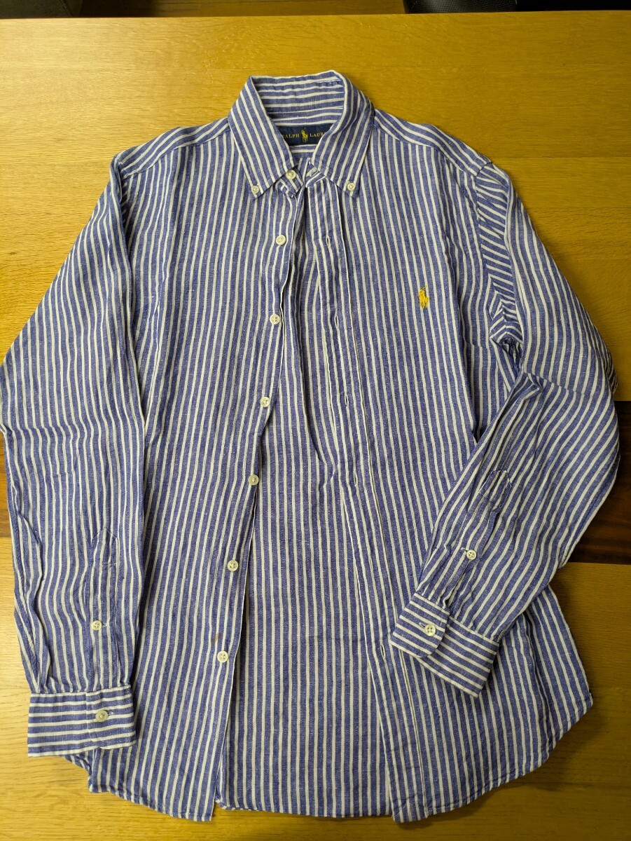 送料無料! ラルフローレンリネンシャツ海外XSサイズ RALPH LAUREN ボタンダウン ストライプ長袖シャツ 日本Mサイズ拍卖