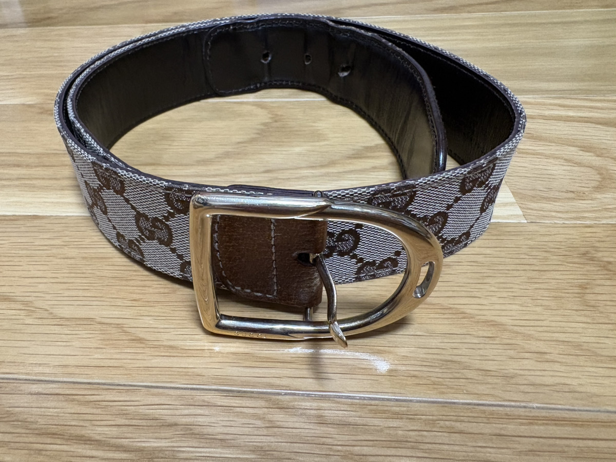 GUCCI モノグラム ベルト シルバー ゴールド バックル ブラウン レザー グッチ拍卖