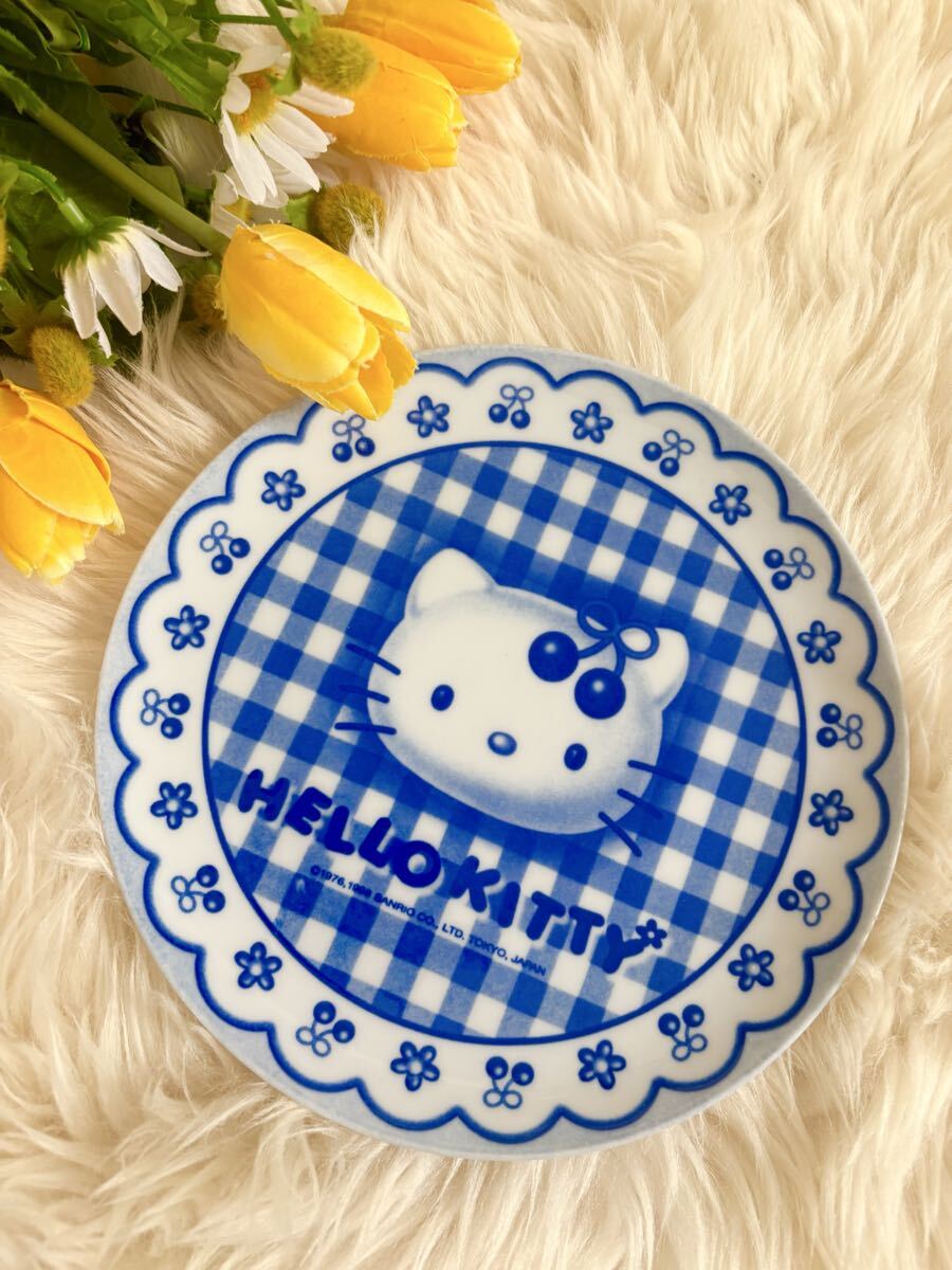1998年 キティちゃん さくらんぼ チェック柄 お皿'プレート''Hello kitty'陶器'食器'サンリオ'平成レトロ'ハナ'絵皿' 飾り皿 '拍卖