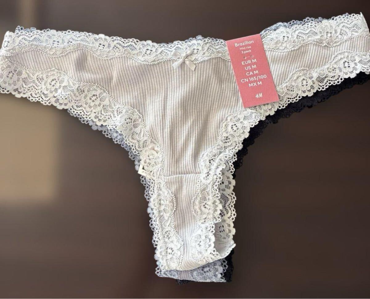 レディースショーツ 3枚セット レース リブ リボン パンツ 大きめ ゆったり ブラジリアン ミッドライズ 送料無料 即決 匿名拍卖