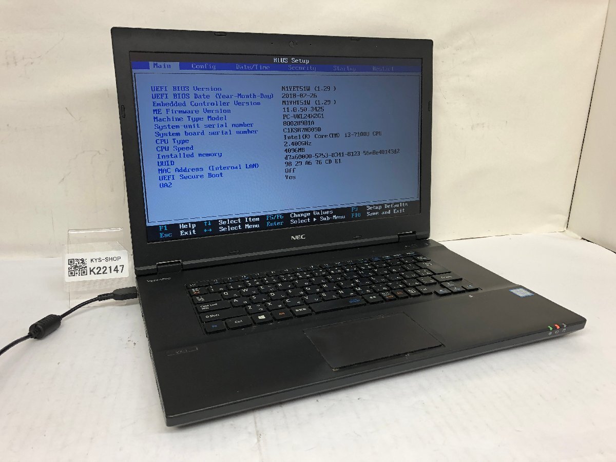 ジャンク/ NEC PC-VKL24XZG1 Intel Core i3-7100U メモリ4.1GB ストレージ無し 【K22147】拍卖