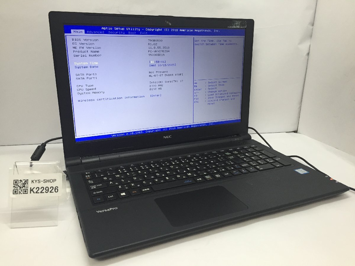 ジャンク/ NEC PC-VKV27EZG4 Intel Core i7-7500U メモリ8.19GB ストレージ無し 【K22926】拍卖