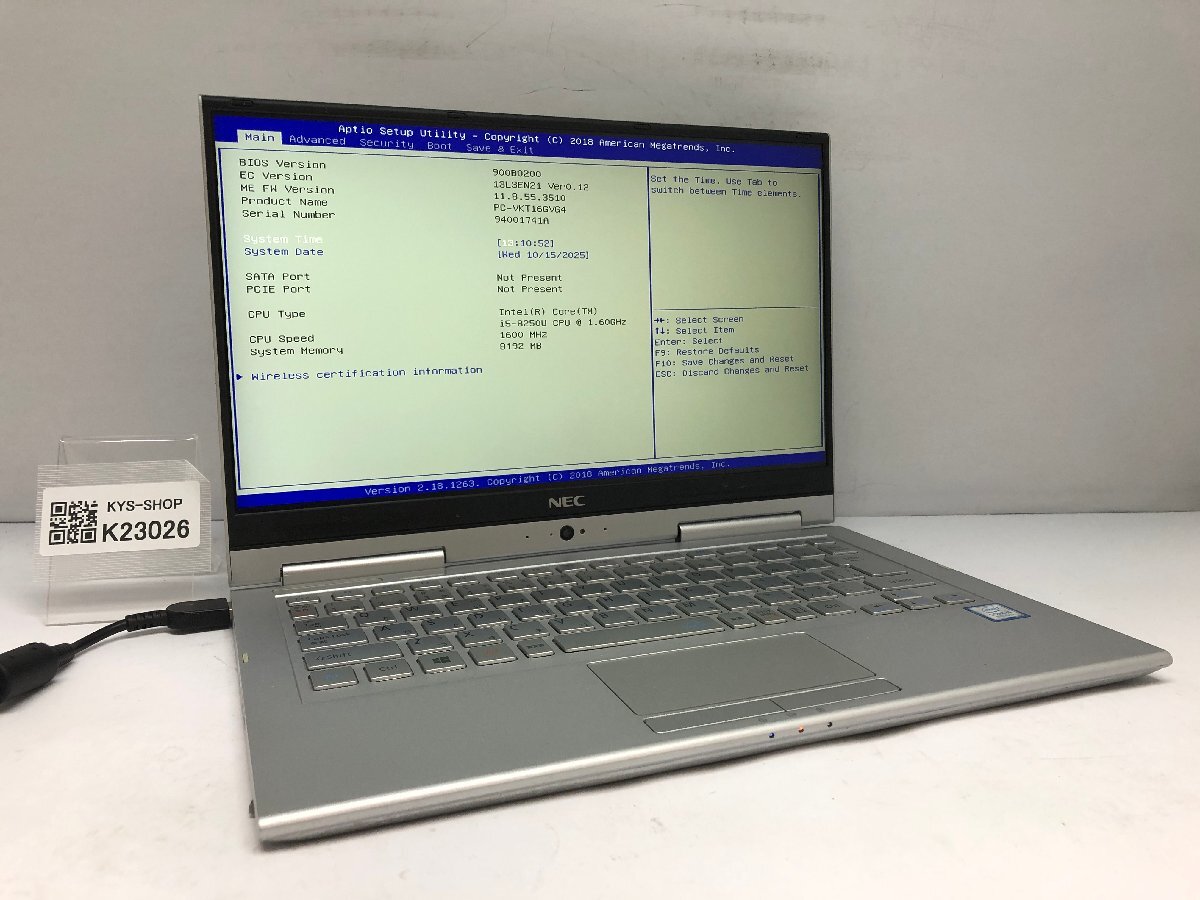 ジャンク/ NEC PC-VKT16GVG4 Intel Core i5-8250U メモリ8.19GB ストレージ無し 【K23026】拍卖