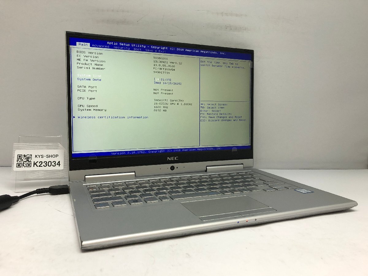 ジャンク/ NEC PC-VKT16GVG4 Intel Core i5-8250U メモリ8.19GB ストレージ無し 【K23034】拍卖