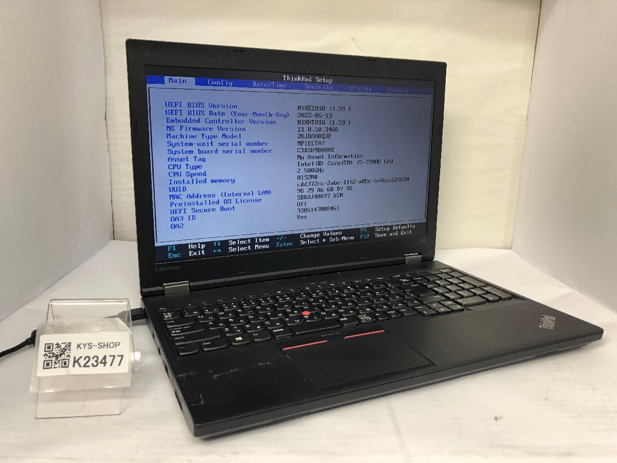 ジャンク/ LENOVO 20J8A00QJP ThinkPad L570 Intel Core i5-7200U メモリ8.19GB ストレージ無し 【K23477】拍卖