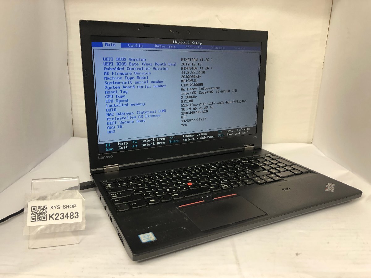 ジャンク/ LENOVO 20JQA00BJP ThinkPad L570 W10DG Intel Core i5-6200U メモリ8.19GB ストレージ無し 【K23483】拍卖