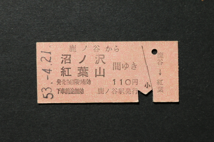乗車券 鹿ノ谷から 沼ノ沢 紅葉山間ゆき 110円拍卖