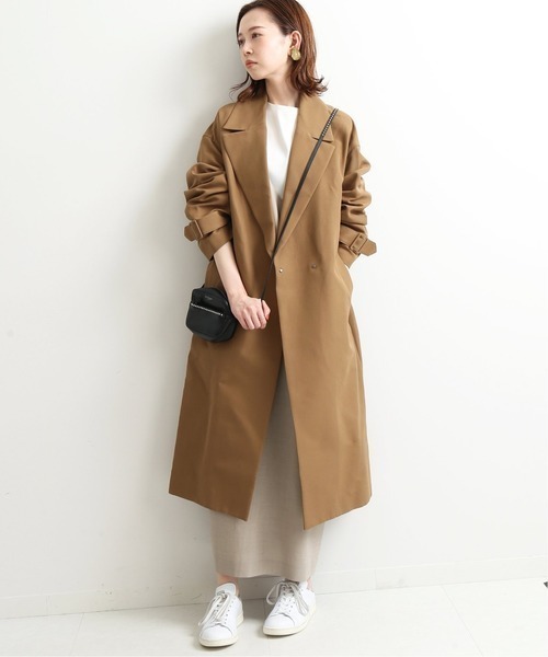 ∞ IENA イエナ コットン Wクロス ノーカラー Vネック コート ワイド ジャケット トレンチ キャメル 羽織り ∞拍卖