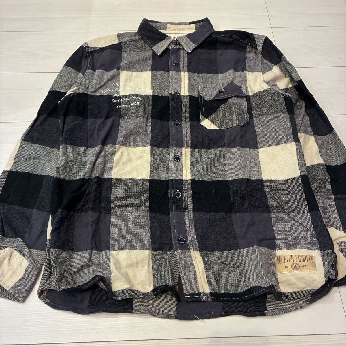 ヴィンテージ コンバース チェックシャツ アメカジ モノトーン ネルシャツ ネルシャツ チェック 長袖シャツ 黒 グレー トップス 古着 L拍卖