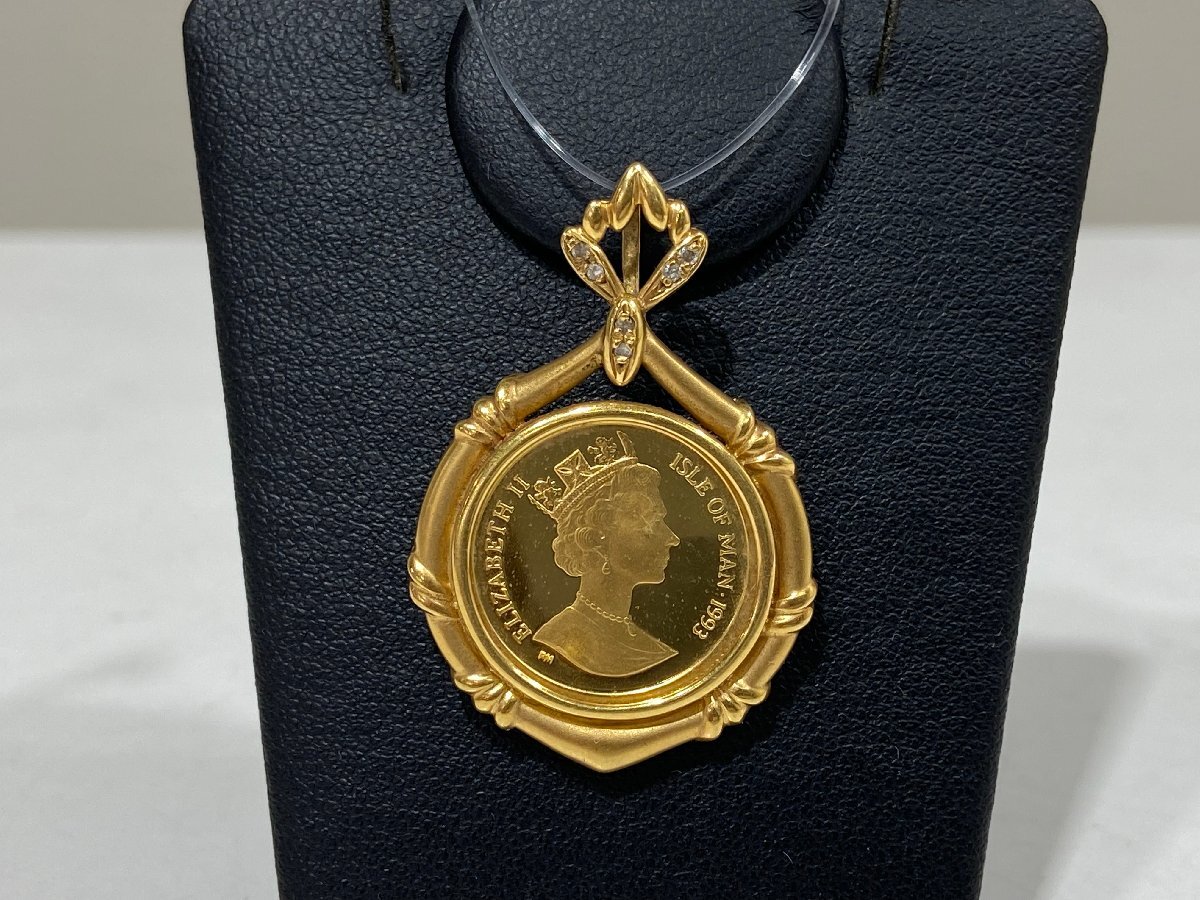【ペンダントトップ】 ELIZABETH Ⅱコイン(マン島キャット) K24 24金 枠:K18 18金 メレダイヤ0.04ct 約7.1g SY02-157◎♪拍卖