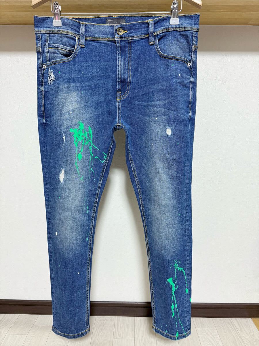 柔らかめ 春夏用 ペイント ZARA MAN ストレッチ スキニー 送料230円 44 34 ウルトラ ダメージ デニム パンツ メンズ ジーンズ ネイビー拍卖