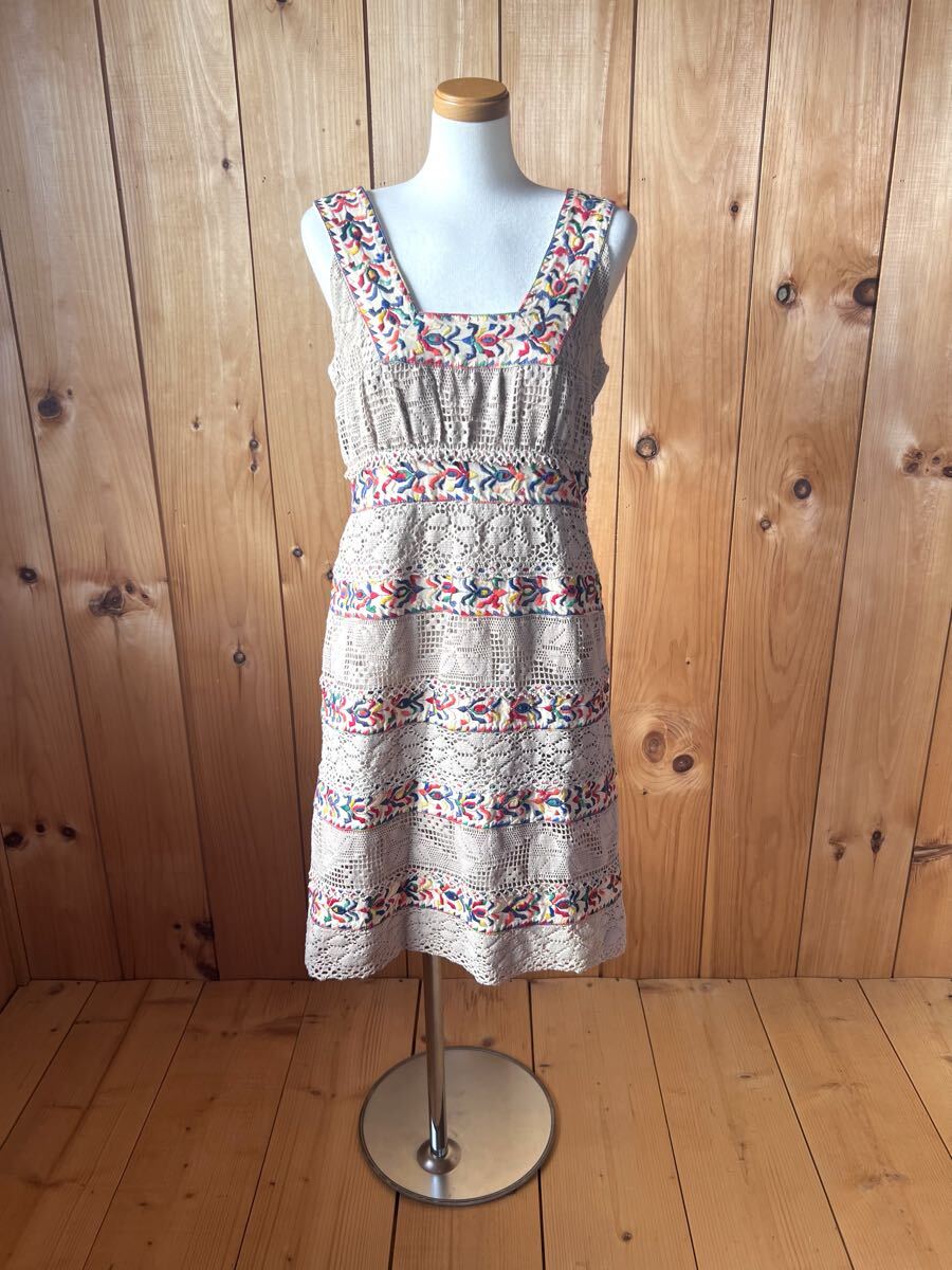 ANNA SUI/アナスイ/ワンピース/ノースリーブ/刺繍/レース/コットン/2/M/アメリカ製/ベージュ/良品美品拍卖