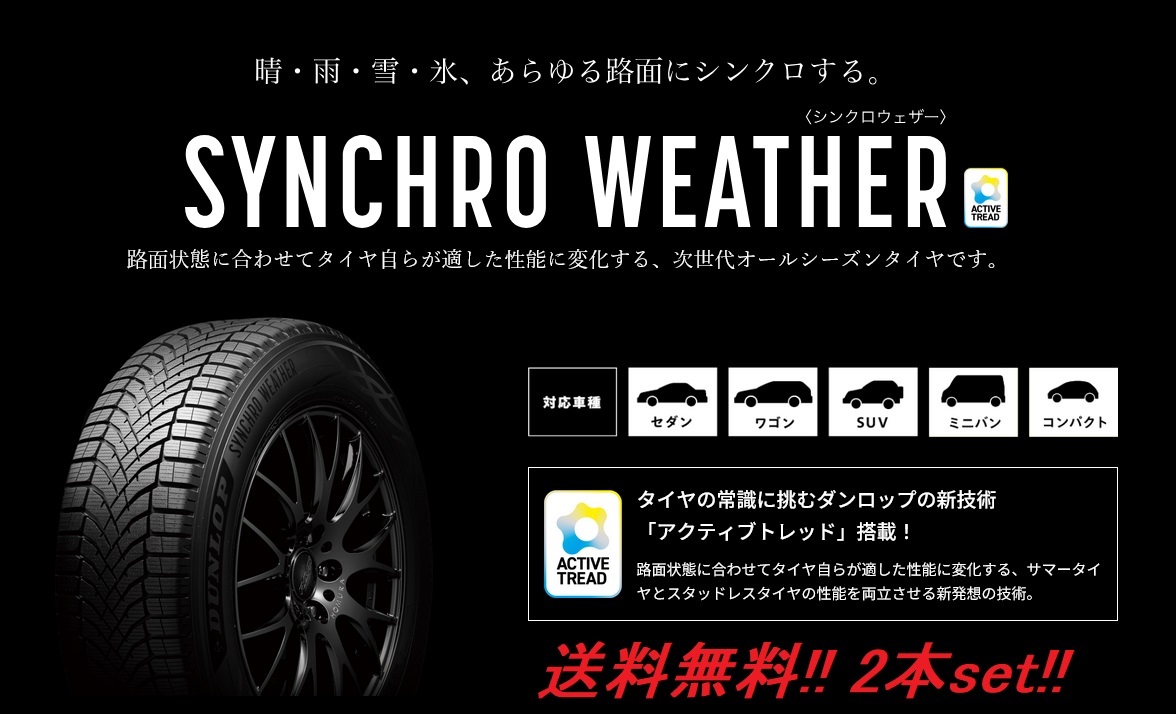 送料無料!ダンロップ(DUNLOP)次世代オールシーズンタイヤ シンクロウェザー 185/65R15 92H XL 2本セット拍卖