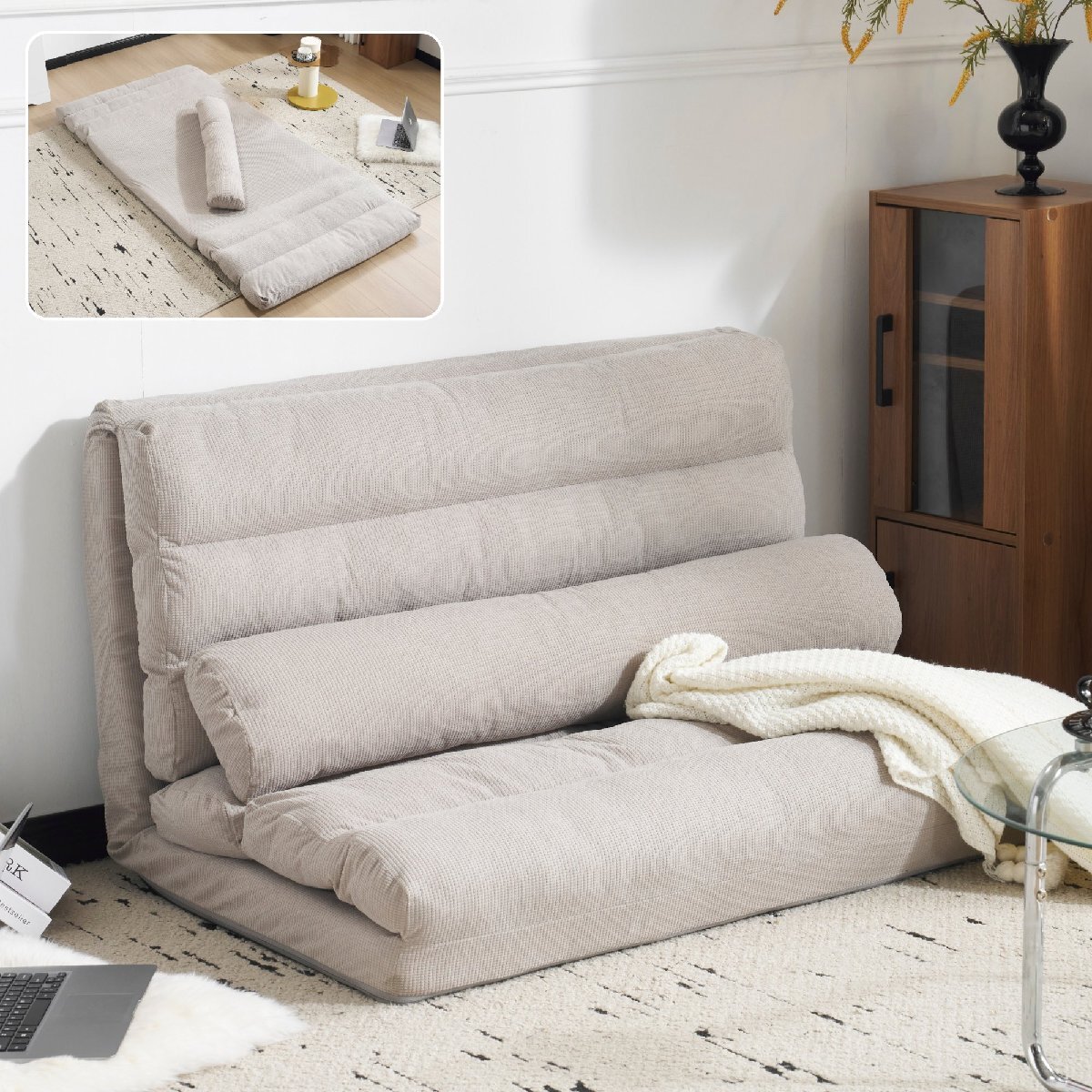 【国内発送】ソファーベッド ソファベッド ローソファー 2人掛け マルチに使える3WAY 幅109cm 6段階リクライニング クッション付き 座椅子拍卖