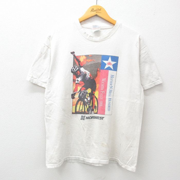 L/古着 ヘインズ 半袖 ビンテージ Tシャツ メンズ 90s 自転車 NOR WEST コットン クルーネック 白 ホワイト 24jul08 中古拍卖