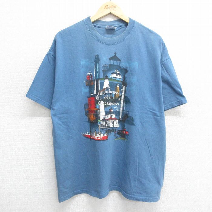 XL/古着 ヘインズ 半袖 ビンテージ Tシャツ メンズ 90s チェサピーク 灯台 コットン クルーネック 薄紺 ネイビー 24jun15 中拍卖