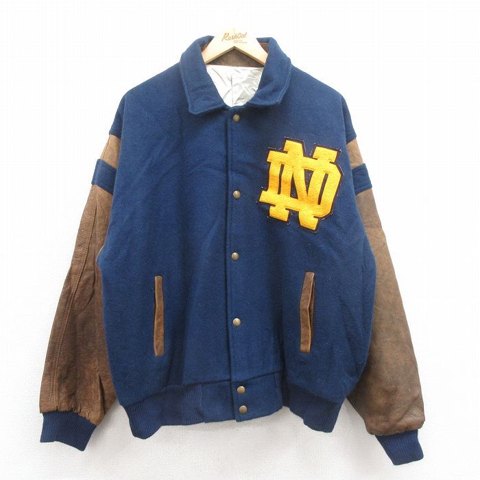 XL/古着 長袖 スタジャン メンズ ND 袖レザー 大きいサイズ ツートンカラー 紺 ネイビー 25oct02 中古 アウター ジャンパー ブルゾン拍卖