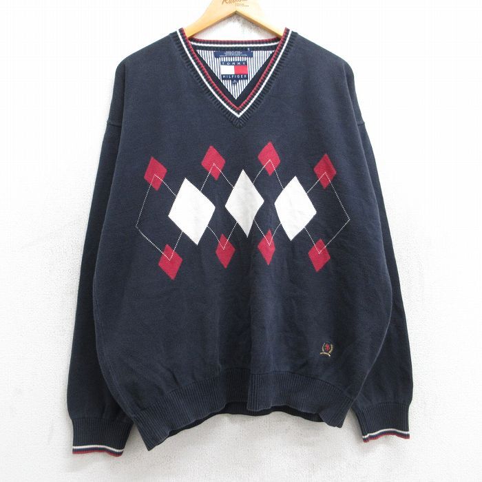 XL/古着 トミーヒルフィガー 長袖 ブランド セーター メンズ 90s アーガイル ワンポイントロゴ コットン Vネック 紺 ネイビー 25sep27 中古拍卖