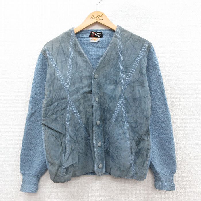 M/古着 長袖 ニット カーディガン メンズ 70s スエード使用 ウール 薄紺 ネイビー 25sep30 中古 トップス拍卖