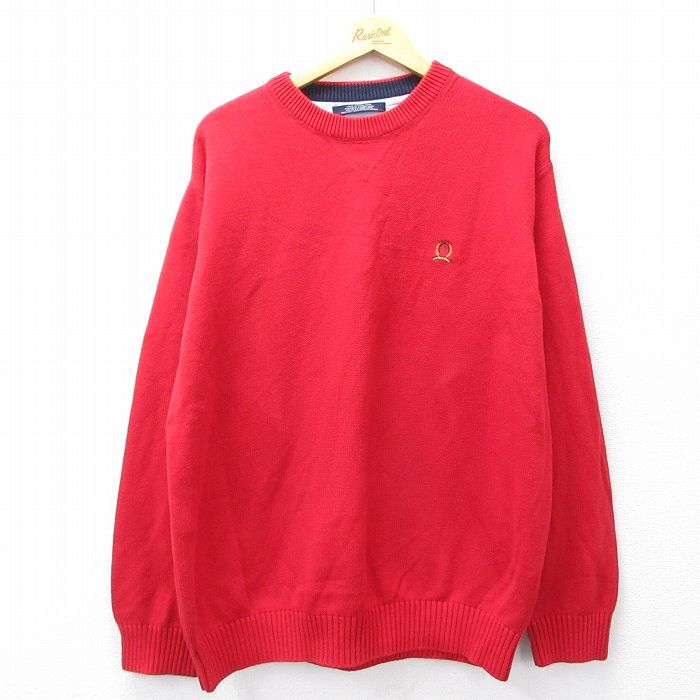 XL/古着 トミーヒルフィガー 長袖 ブランド セーター メンズ ワンポイントロゴ コットン クルーネック 赤 レッド 25oct01 中古 ニット トッ拍卖