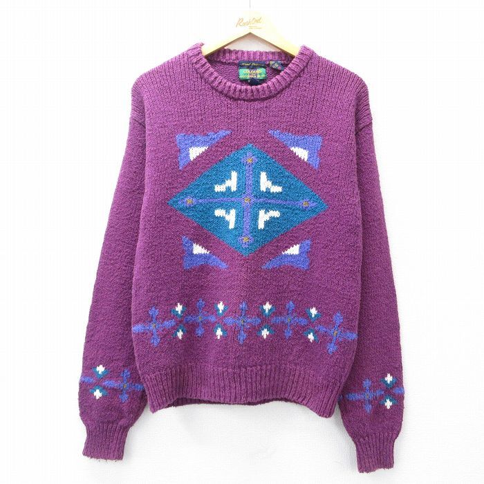 M/古着 長袖 セーター メンズ 手織り コットン クルーネック 紫他 パープル 25sep29 中古 ニット トップス拍卖