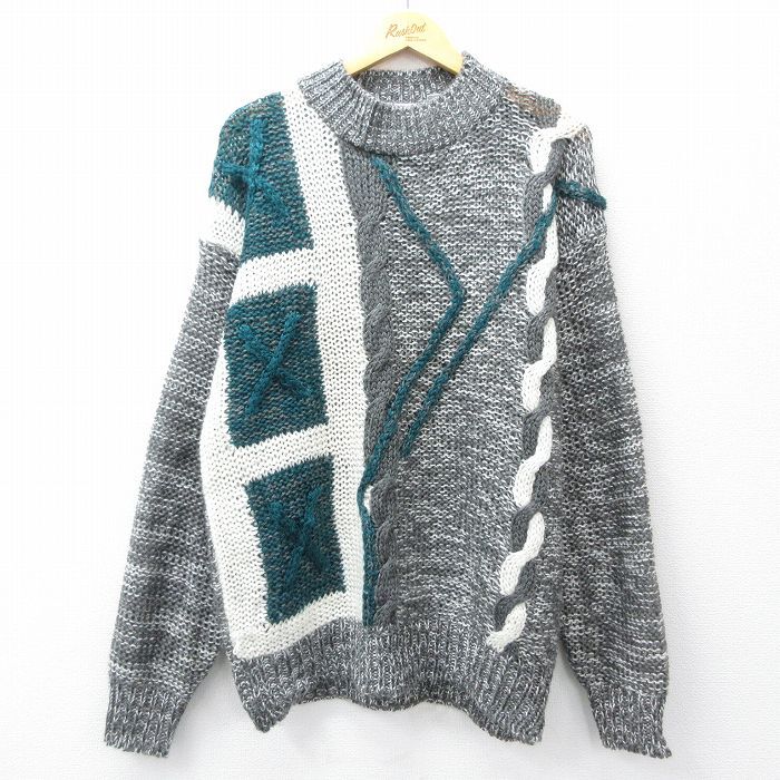 XL/古着 シアーズ 長袖 セーター メンズ 90s ハンドニット 手編み アクリル モックネック ハイネック グレー他 25sep29 中古 ニット トップ拍卖