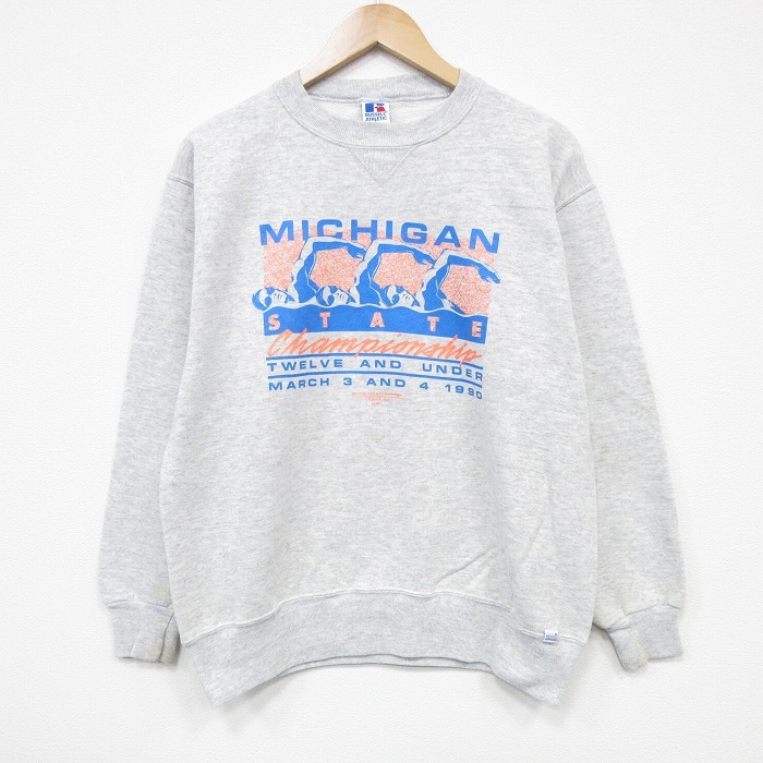 M/古着 ラッセル 長袖 スウェット メンズ 90s ミシガン クルーネック 薄グレー 霜降り 25oct02 中古 スエット トレーナー トップス拍卖