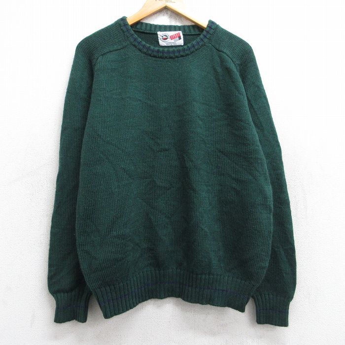 L/古着 アロー 長袖 セーター メンズ 90s 無地 ラグラン アクリル クルーネック 濃緑 グリーン 25sep27 中古 ニット トップス拍卖