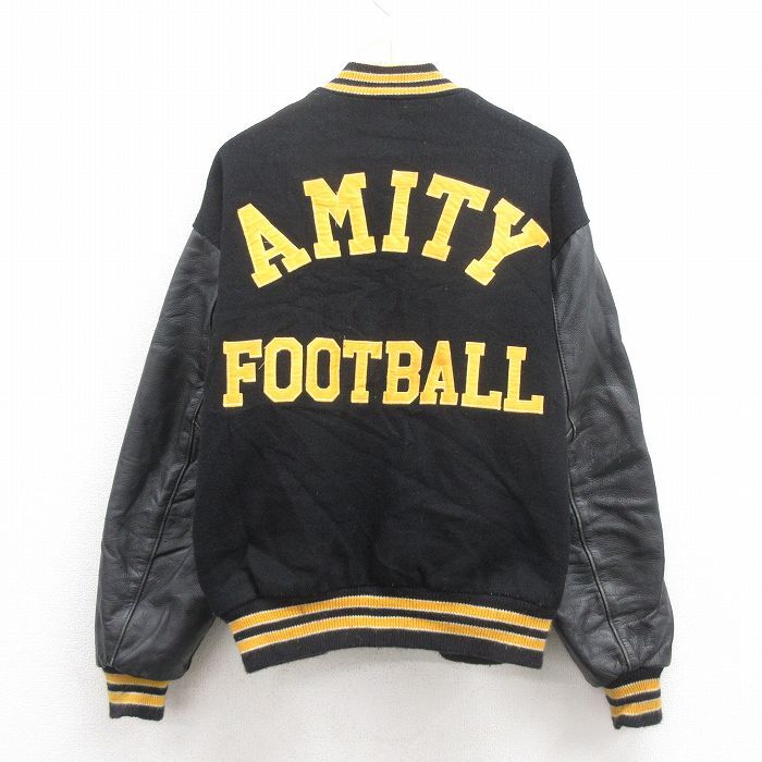 XL/古着 デロング 長袖 スタジャン メンズ 90s AMITY 袖レザー 黒 ブラック 内側キルティング 25oct02 中古 アウター ジャンパー ブルゾン拍卖